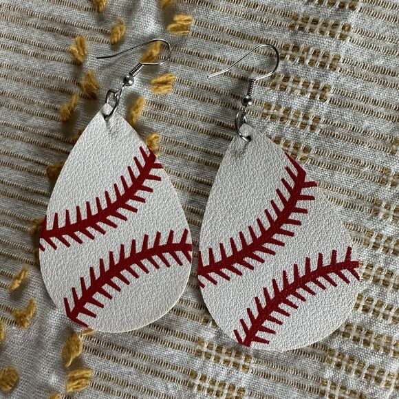 Women’s Baseball Mom Faux Leather Teardrop Baseball Earrings - Picture 2 of 2